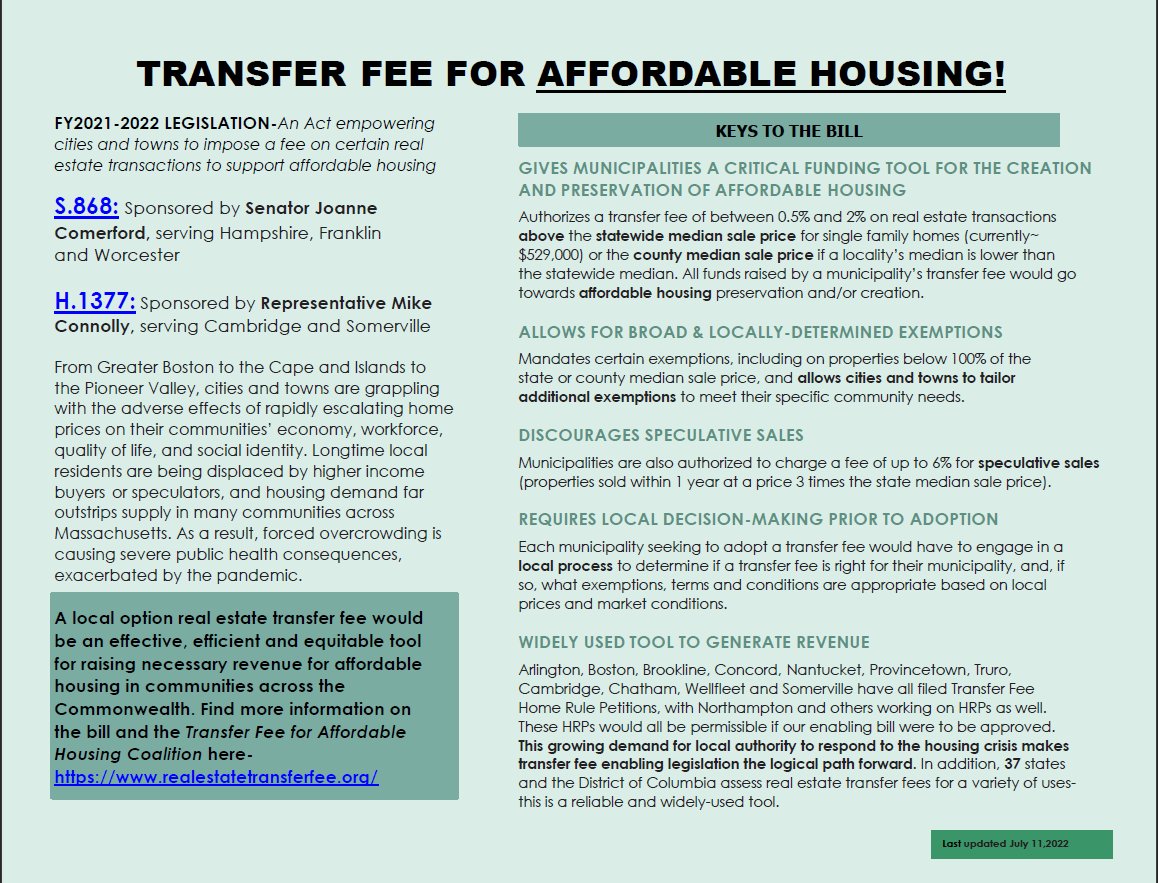 🚨ACTION ALERT🚨
Support House Amendment 176! Contact your Rep &amp; others ASAP &amp; ask them to co-sponsor Amendment #176 to Econ Dev Bill H. 5007 in support of Transfer Fees for Affordable Housing! Tell #mapoli we need this NOW! #AffordableHousingForAll Fact sheet 👇