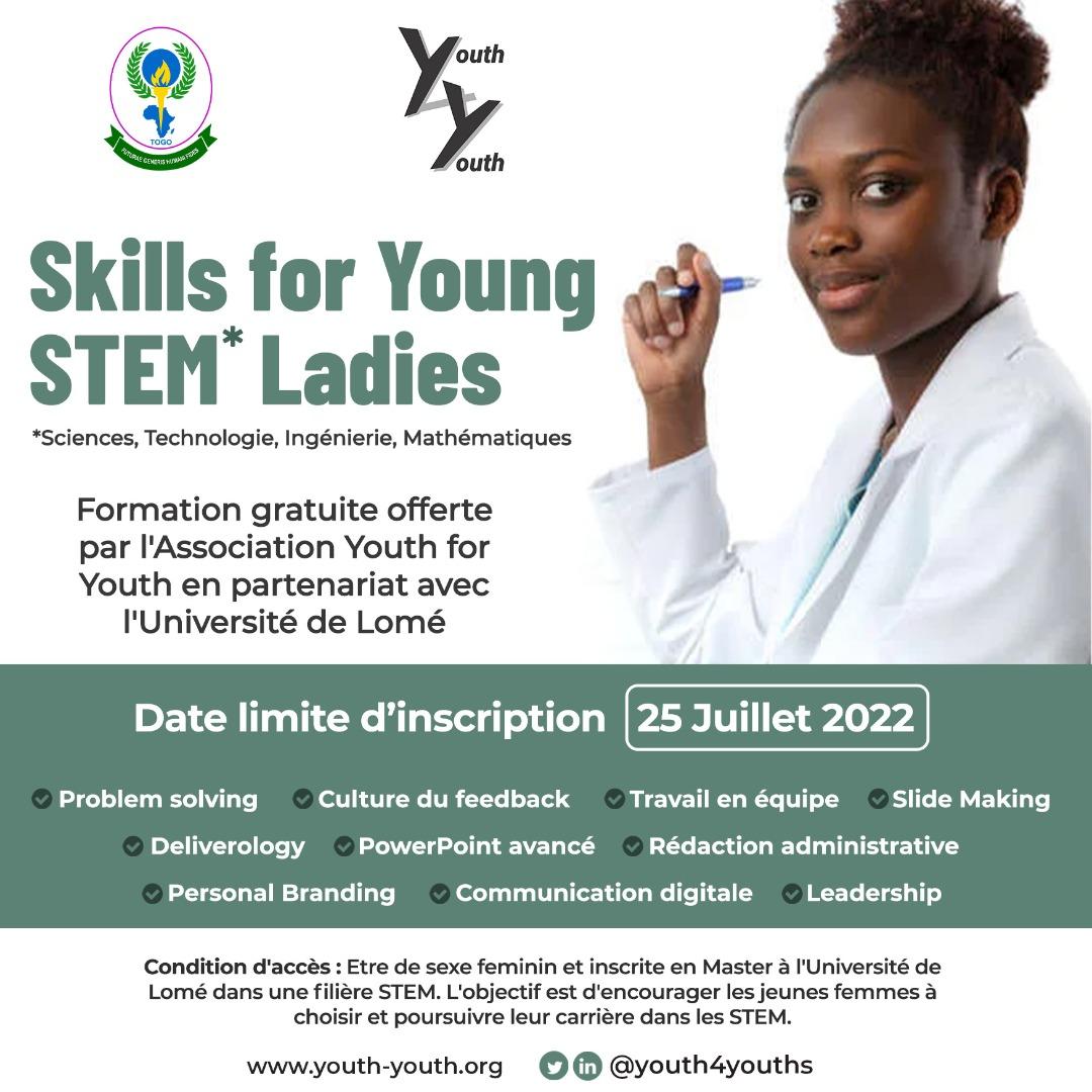 Youth4youths's tweet photo. 1️⃣
Inscription à la formation "Skills for Young STEM Ladies" en partenariat avec l'@UniveLomeTg

Skills for Young STEM Ladies est une initiative dédiée aux jeunes femmes inscrites en Science, Technologie, Ingénierie et Mathématiques (STEM). https://t.co/AUBRW6HexO