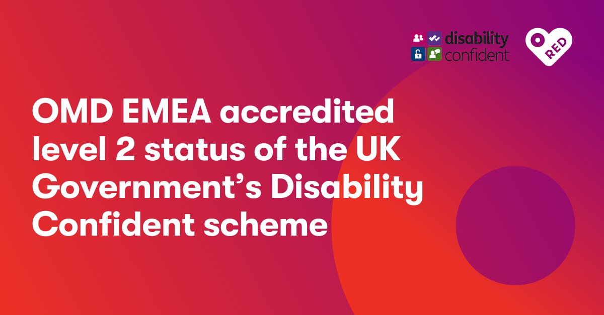 OMD EMEA (@omd_emea) on Twitter photo OMD EMEA has progressed to a Disability Confident Employer, level 2 of the UK Government’s Disability Confident scheme. The scheme accredits businesses for ensuring that people with disabilities have the opportunity to fulfil their potential and realise their aspirations. OMD EMEA has progressed to a Disability Confident Employer, level 2 of the UK Government’s Disability Confident scheme. The scheme accredits businesses for ensuring that people with disabilities have the opportunity to fulfil their potential and realise their aspirations.
