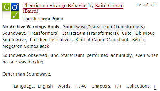 BairdCrevan's tweet image. "WHY IS HE STARING AT ME?" -Soundwave

Lol Day 2 of #SoundStarWeek and jumping into TF Prime for funsies: archiveofourown.org/works/40253571