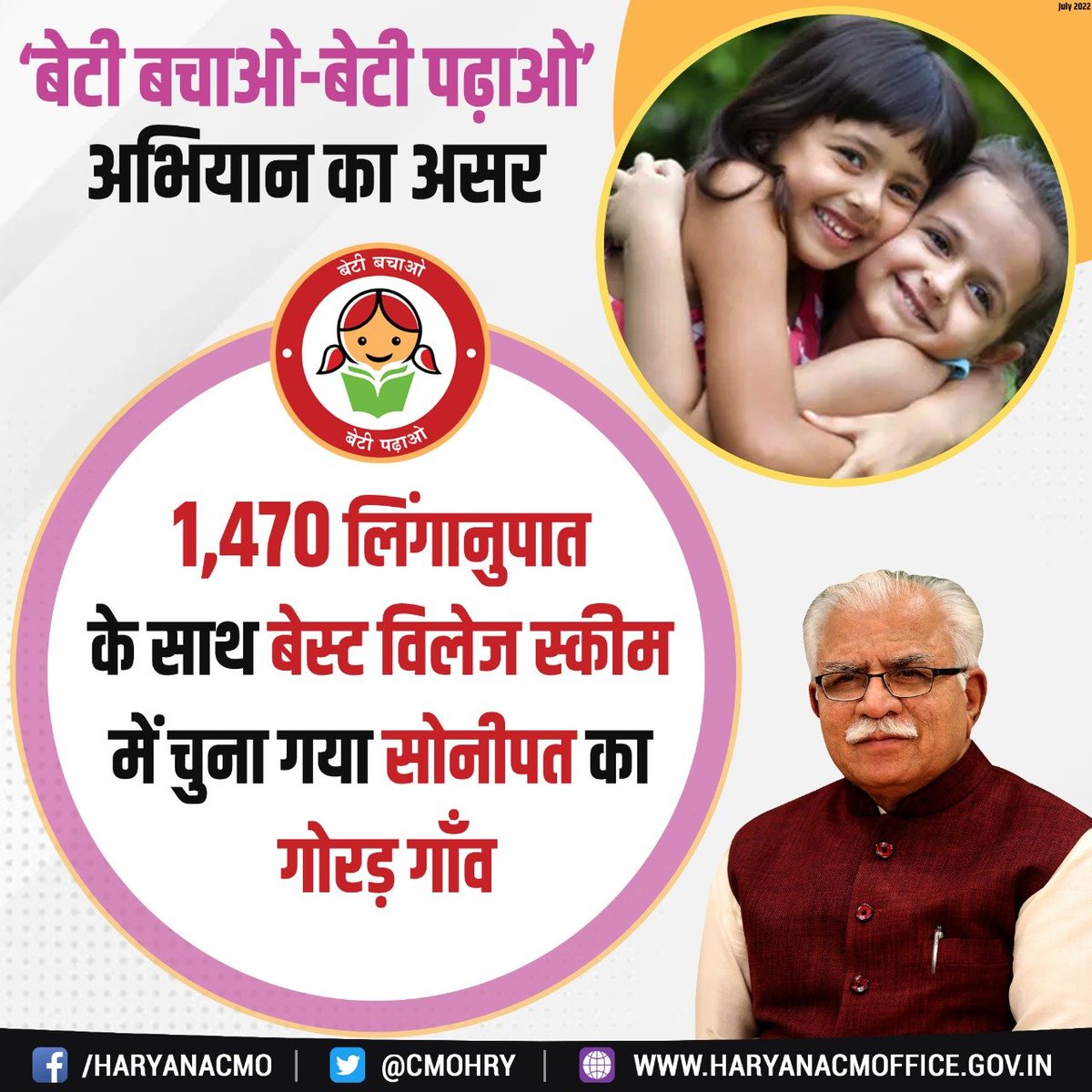 cmohry's tweet photo. पानीपत की धरती से शुरू हुआ ‘बेटी बचाओ-बेटी पढ़ाओ’ अभियान रंग ला रहा है। अभियान के तहत हरियाणा सरकार द्वारा कई कदम उठाए जा रहे हैं। जिनमें लिंगानुपात को सुधारने के साथ ही उनको पढ़ाने के लिए भी प्रोत्साहित किया जा रहा है। https://t.co/5uMQINYzJg