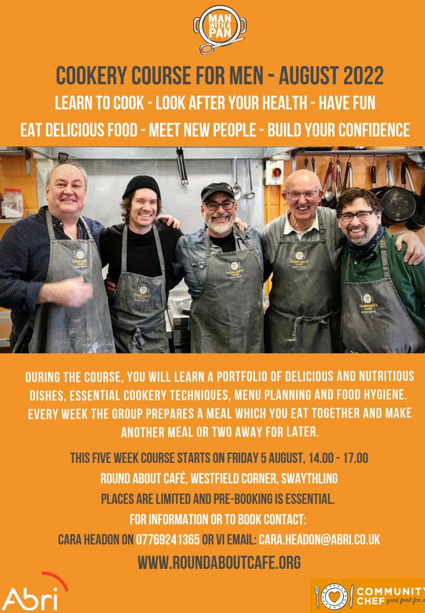 Free five-week cookery course for men run by <a href="/CommunityChef1/">Community Chef</a> ,starting in August <a href="/RoundAboutSoton/">Round About Cafe</a>

Contact Cara Headon 07769 241365 cara.headon@abri.co.uk for more information or to book a place.
<a href="/abrigroup/">Abri</a>