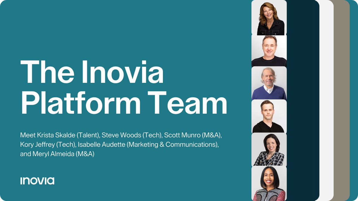 Last week, we shared our #15YearsOfInovia video and briefly introduced the team at Inovia.

Today, meet our platform team, which supports our portfolio cos w/ talent, tech, M&amp;A and marketing.

Meet Krista, <a href="/sgwoods/">Steven Woods</a> <a href="/pscottmunro/">Scott Munro</a> <a href="/Kory_Jeffrey/">Kory Jeffrey</a> <a href="/audetteisabell1/">audette isabelle</a> &amp; <a href="/meryl_almeida/">Meryl Almeida</a>