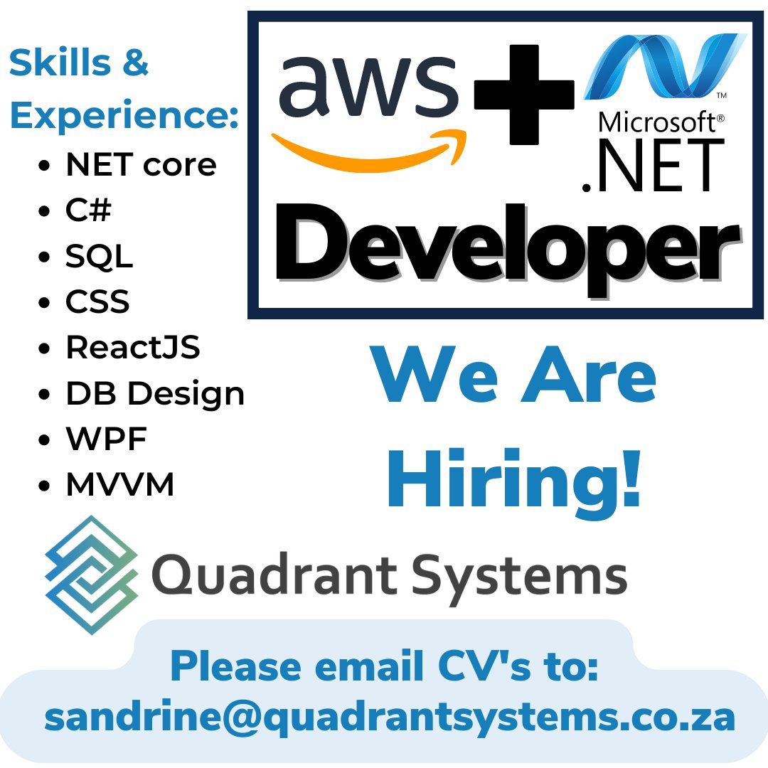 QuadrantSys_ZA's tweet photo. We're #hiring for an AWS and .Net Developer to join our team!

To apply, please email your updated CV to sandrine@quadrantsystems.co.za with "AWS and .Net Developer" as the email subject line. 

#developer #dotnetcore #dotnetdevelopers #microsoftdotnet #aws #amazonwebservices https://t.co/dKaTgOBiLc