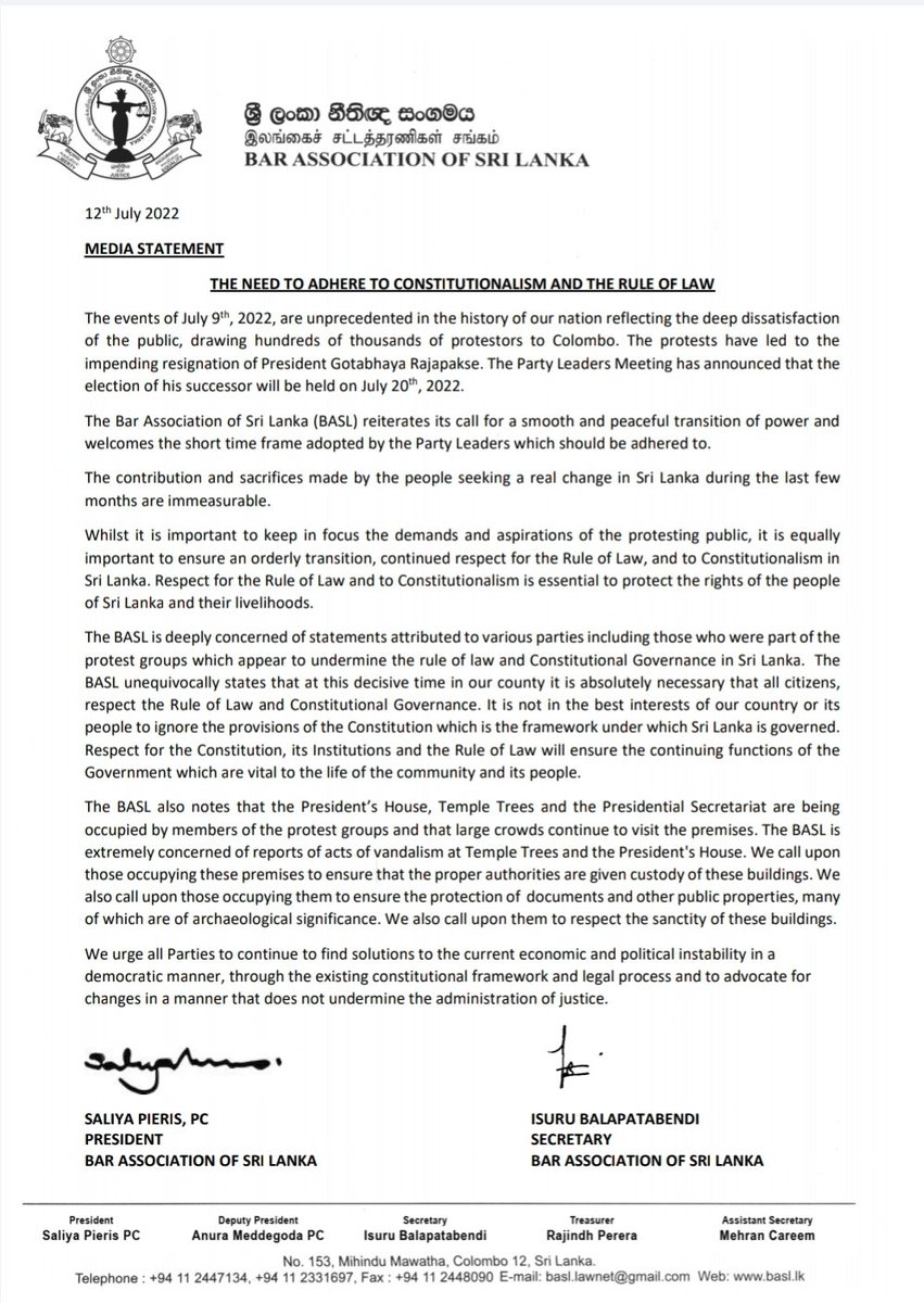ViranCorea's tweet photo. BASL statement

▪︎ Expresses deep concern at statements of some protest groups that undermine rule of law/constitutional governance and damage to President's House/Temple Trees etc.

▪︎ Calls for smooth, peaceful power transition and protection of public property/solutions ⬇️ https://t.co/fkaEEVwFD4