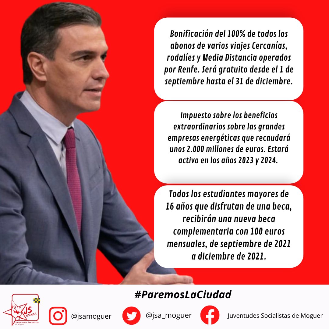 JSA_Moguer's tweet photo. LAS 15 MEDIDAS PARA PALIAR LA INFLACIÓN DE PEDRO SÁNCHEZ.

🌹 En el día de hoy, el Presidente del Gobierno de España, Pedro Sánchez, ha dado a conocer las 15 medidas con las que pretende hacer frente a la inflación, así como ayudar a los jóvenes y a las familias españolas. https://t.co/qyhsoHJOXg
