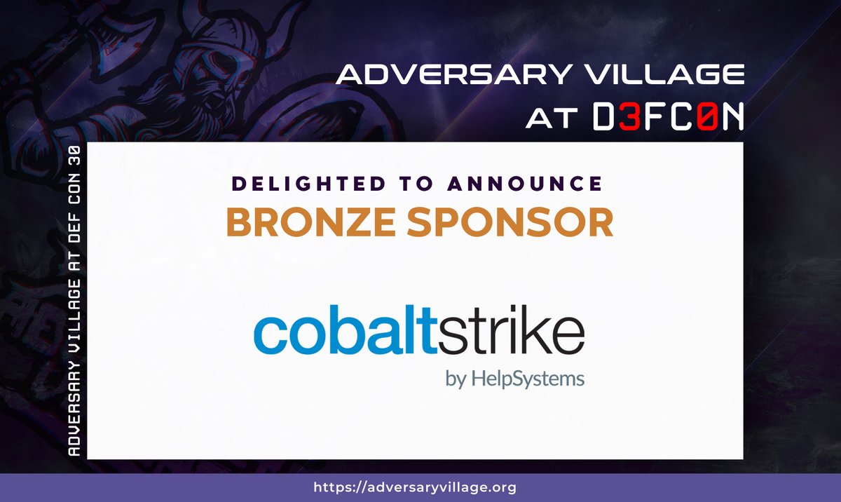 AdversaryVillag's tweet image. We&apos;re happy to announce @HelpSystemsMN CobaltStrike as BRONZE SPONSOR for Adversary Village at @DEFCON 30 
Thank you for the support #HelpSystems

CobaltStrike: cobaltstrike.com
HelpSystems: helpsystems.com/product-lines/…
Village:  adversaryvillage.org/adversary-even…
 #DEFCON30 #CobaltStrike