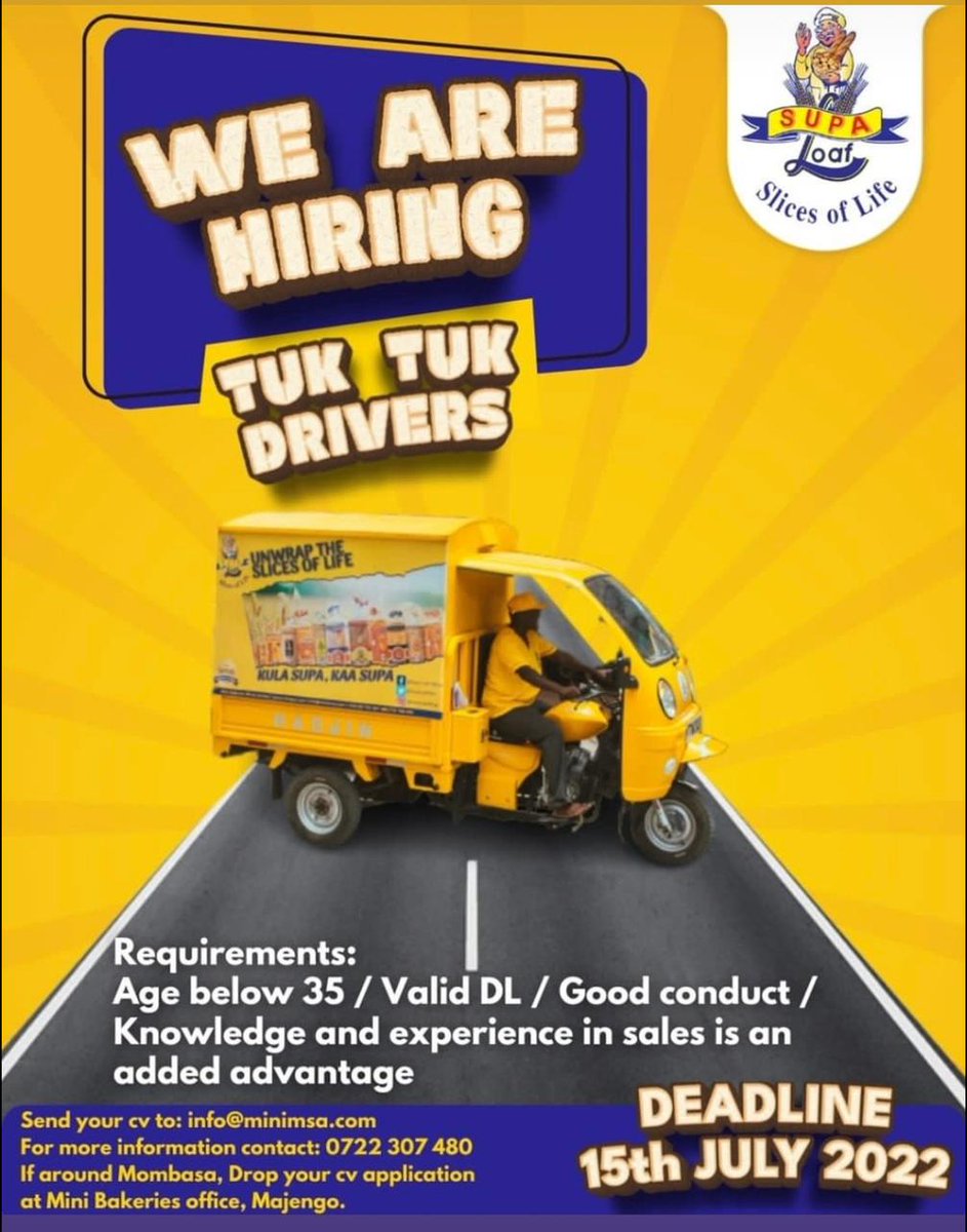 CreativeMalkia's tweet photo. Knock Knock
Who's knocking?
Opportunity is knocking!!!!
#supaloaf #minibakeries #driversneeded #mombasa #Trending https://t.co/UT0P8epufS