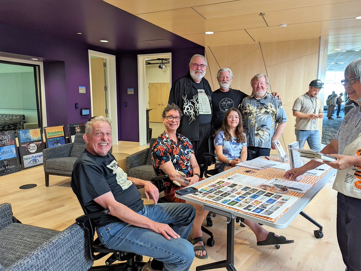 kyrsfm's tweet photo. KYRS welcoming the public to the new KYRS studios on the third floor of the new Central Library. seated: Craig Reider (Global Odyssey), Seth &amp; Norah (Bag of Holding); second row: Michael Moon Bear (KYRS station Manager), Ned Bowen (The Vinyl Hour), Tom Kinsella (A Shot of Jazz) https://t.co/7MMjitVabf