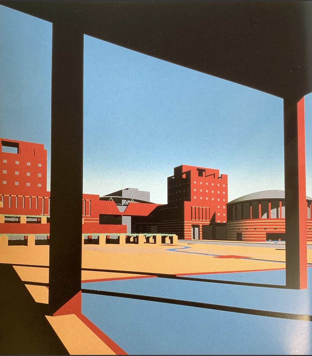 OSaumarezSmith's tweet photo. Sunbaked pomo perspectives of Arata Isozaki's unbuilt 1985 competition design for Phoenix Town Hall. https://t.co/B7TUscHlRh