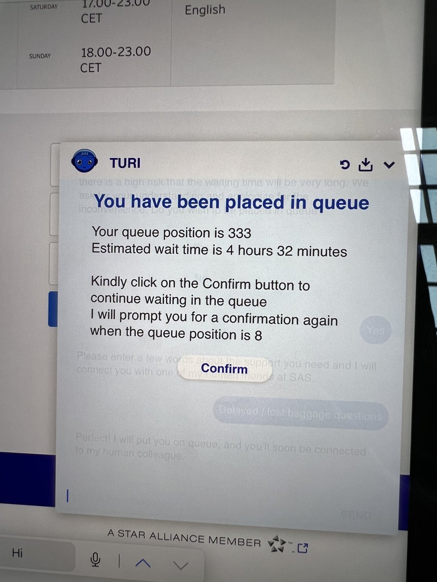 Wow ⁦<a href="/flysas/">flysas</a>⁩ that’s a long wait time for a quick question about a lost bag… 🙄 My laptop charger is in that bag so not sure I will have the power left to eventually speak to someone…. 🔌🪫🧳 #lostluggage