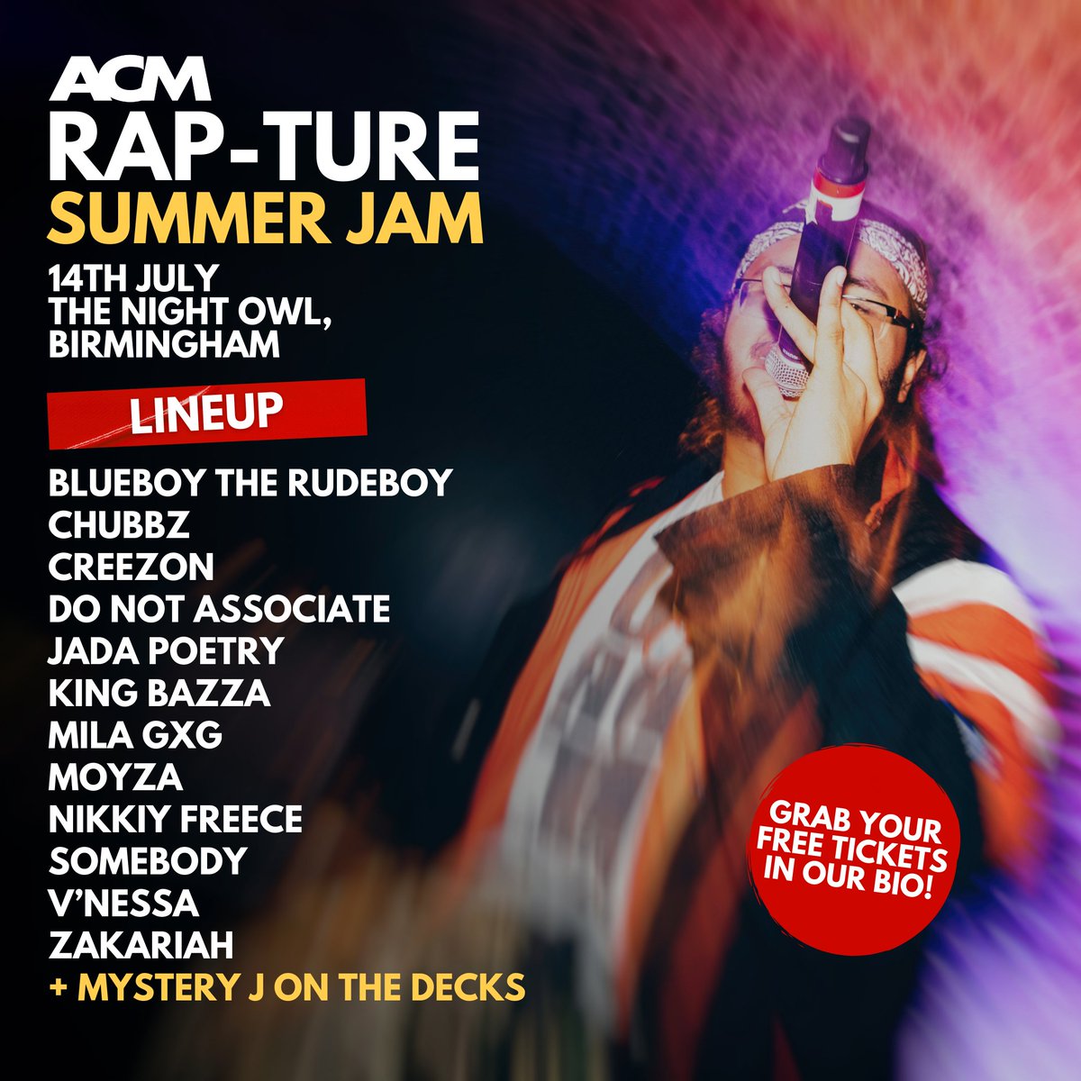 acm_uk's tweet photo. 🎤ACM PRESENTS: RAP-TURE🎤

Check out the lineup of our incredibly talented students for Guildford and Birmingham! We're so excited to see you guys at this years RAP-TURE- Summer Jam!

Open to everyone - grab your FREE tickets through the link in our bio!

#ACMuk #ThisIsACM https://t.co/uAXmUXm5Wq
