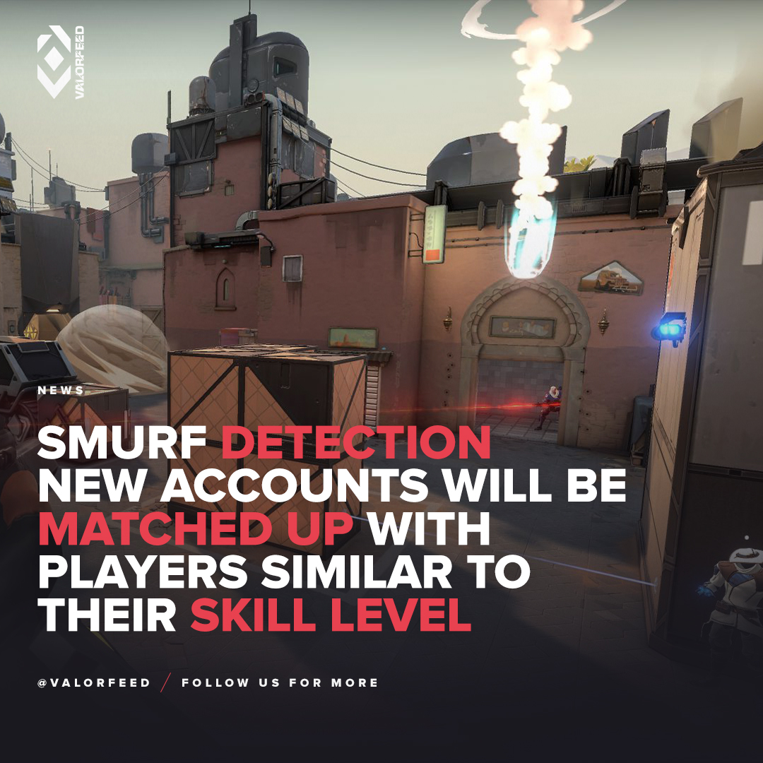 valorfeedgg's tweet photo. With Today's Patch, all new #Valorant accounts will be matched up with players similar to their skill levels faster to prevent smurfing. https://t.co/ICzK7lYJhg