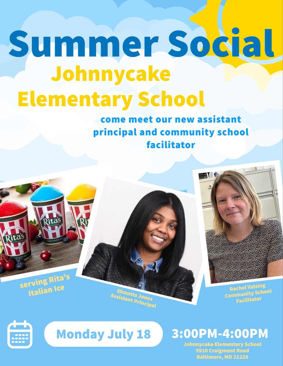 Looking forward to this opportunity for the JES community to meet AP Ms. Jones and Community School Facilitator, Ms. Valsing. We hope you can join us, connect as a community and even get some Rita’s Italian Ice!