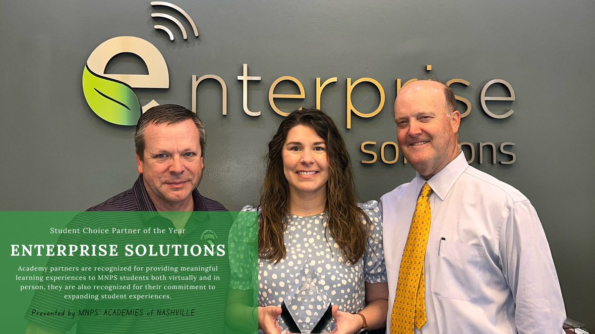 EnterpriseSol's tweet photo. We are honored to be recognized as a Student Choice Partner of the Year!
We provide meaningful learning experiences to MNPS students through shadowships and Work-Based Learning. Our programs allow MEP students to have hands-on experience while learning from our industry experts. https://t.co/BI6KTmpcRg