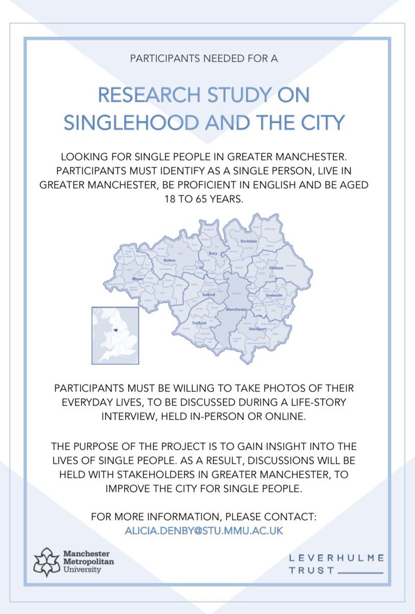 alicia_denby's tweet photo. CALL FOR PARTICIPANTS! 💬

I’m looking for volunteers to take part in creative life-story interviews, to be used in my PhD research on experiences of Singlehood in Greater Manchester.

Participants must be Single, 18-65 &amp; live in, work in, or regularly visit Greater Manchester. https://t.co/WX5bYTCJV0