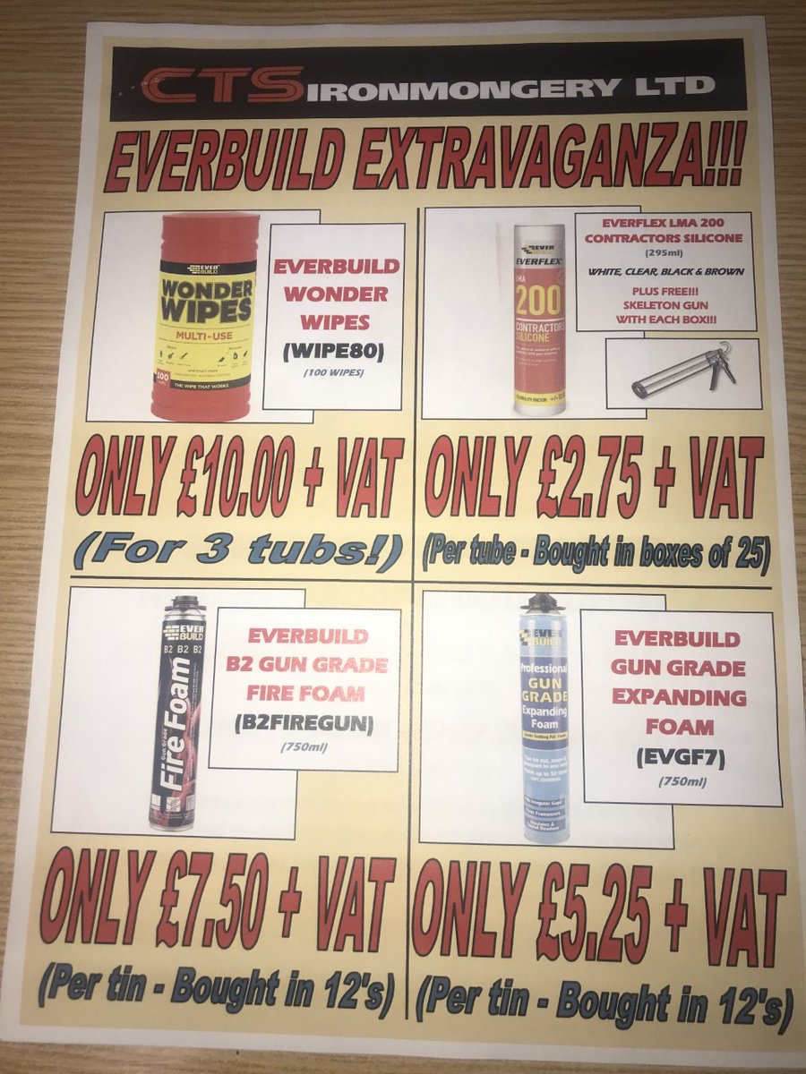 CTS_Ironmongery's tweet image. Stock up on your Gun Grade foams, Wonder Wipes, LMA200 Contractors silicone and 502 Wood adhesives. All available now from your local CTS Ironmongery branch. #everbuild #woodglue #expandingfoam #offer