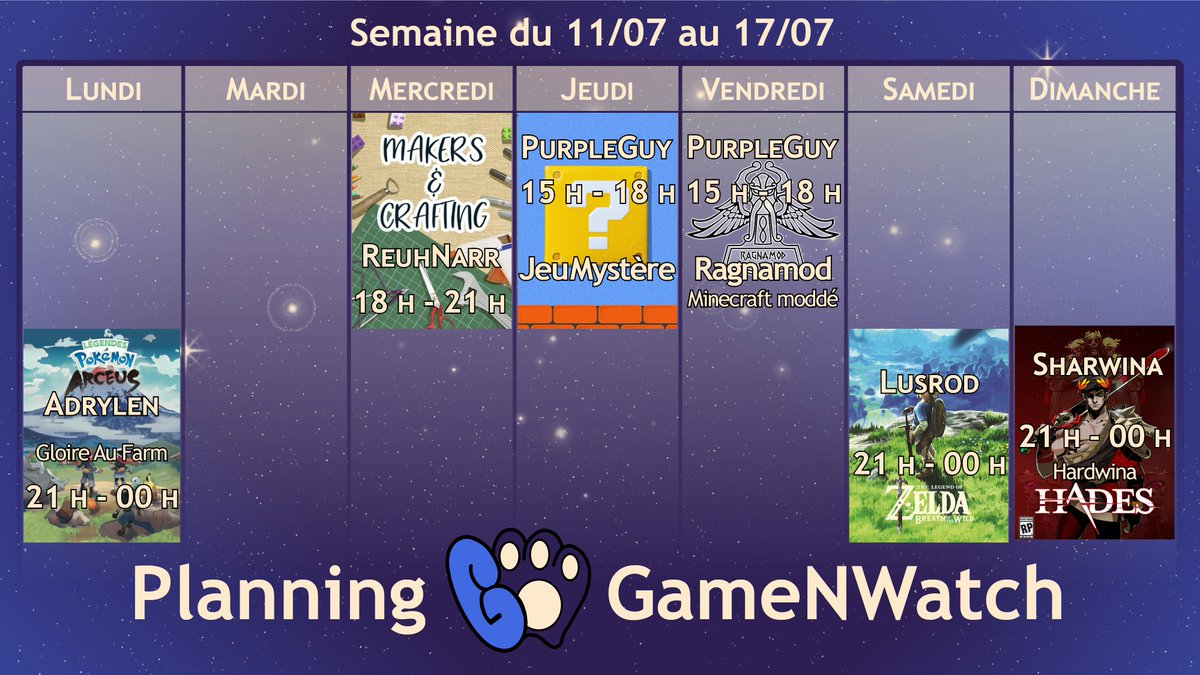 GameNWatch1's tweet photo. Voici donc, avec un peu de retard, le planning de la semaine
Petits changement, le live de Purple vendredi sera remplacé soit par @SharwinaGnW soit par @Olivier63265527 
@adrylen_ 
#twitchstreaming #twitchfr @PetitsStreams https://t.co/vFKd0KkJgI