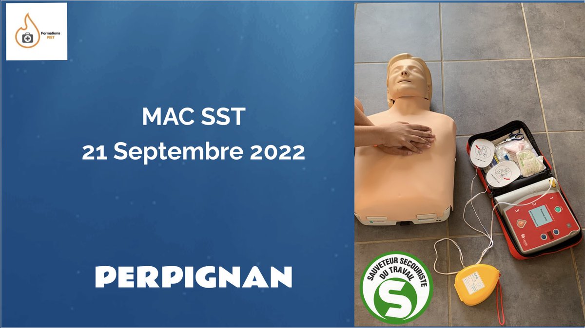 FormationsPist's tweet photo. Prochaine Formation Mac SST sur Perpignan le 21 septembre 2022.
Inscription par mail : formations.pist@gmail.com ou sur le site https://t.co/aY3m5O4sH9 #formationprofessionnelle #sst #secourisme #prévention #sauveteursecouristedutravail  #perpignan #pyrénéesorientales #occitanie https://t.co/fzVGeZw1Lv