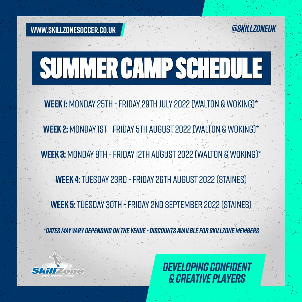 🗓 Thinking of joining us at camp this summer? Take a look at our schedule at our 3 venues.

🔥 Book your place @ skillzonesoccer.co.uk/camps

#SkillZoneUK | Developing confident &amp; creative players

#Walton #Woking #WaltonOnThames #Hersham #Cobham #Staines #Weybridge #Surrey #Laleham