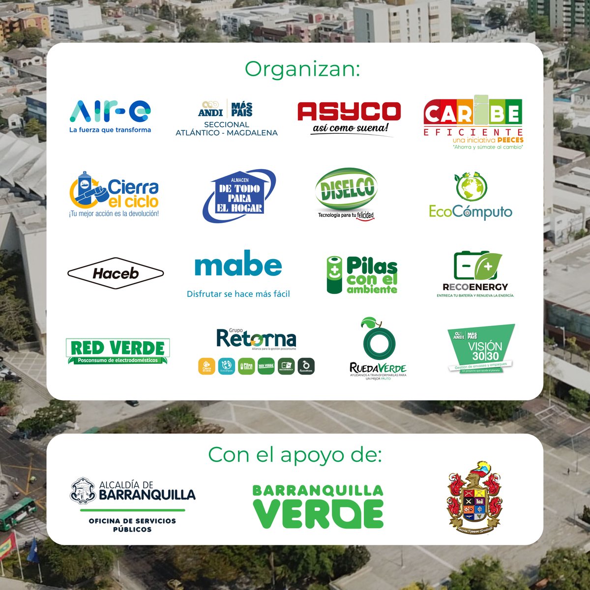 Prográmate para nuestra GRAN jornada de recolección y sustitución de Neveras.

Te esperamos en la plaza de la Paz del 14 al 17 de julio de 2022 para que entregues  los residuos  que tienes  en tu hogar y empresa.

Es la mejor oportunidad para apoyar al planeta y estrenar nevera.