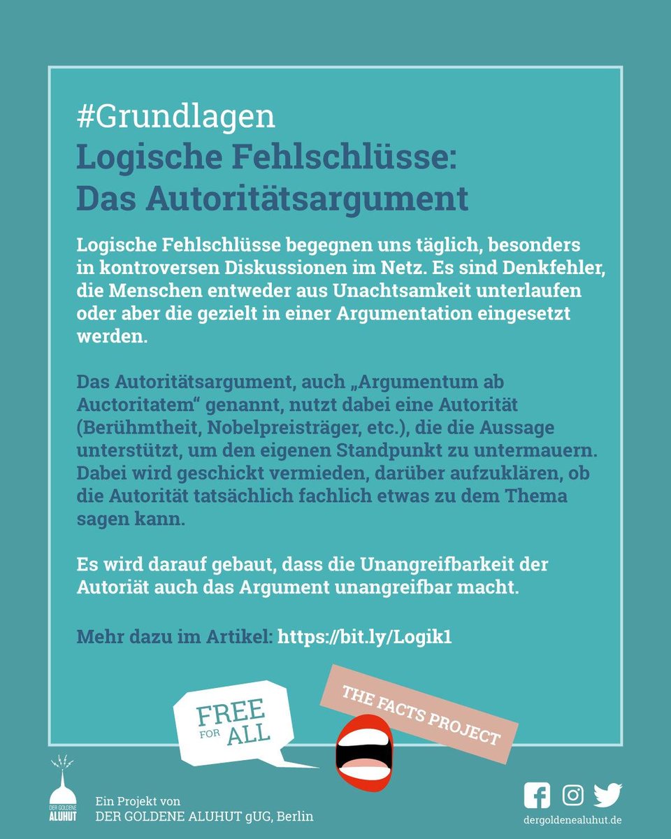 FactsProjectDE's tweet photo. Logische #Fehlschlüsse:
Das #Autoritätsargument, auch „Argumentum ab Auctoritatem“ genannt, nutzt dabei eine #Autorität, die 
die Aussage unterstützt, um den eigenen Standpunkt zu untermauern.

👉 Details im Artikel: https://t.co/4jCIYsPOci https://t.co/kb2QKwFy3z