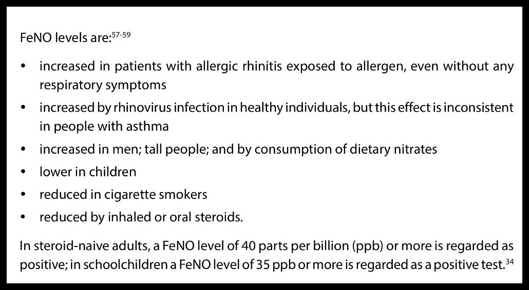 Fractional exhaled nitric oxide (#FeNO ) 
Nitric oxide is a biomarker for asthma which provides an indication of the level of inflammation in the lungs. A FeNO score gives a value to the level of inflammation and can aid in the diagnosis of asthma.
