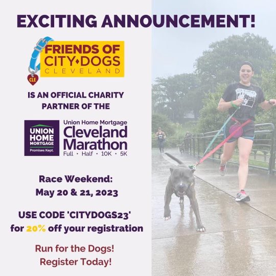 CityDogsCLE's tweet photo. Hey #CLE: @clevemarathon registration is OPEN and @CityDogsCLE is a charity partner. Use CITYDOGS23 for a 20% discount and help donate some bucks to the dogs! https://t.co/hG3W2eCcLG

#runCLE #runtheland #fortheloveofCITYDOGSCLE https://t.co/Gi9KWPfjgo