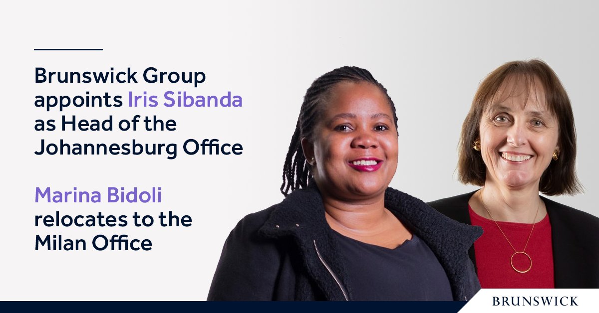 BrunswickGroup's tweet photo. We are pleased to announce that Iris Sibanda has been appointed Head of the Johannesburg Office. Marina Bidoli is relocating to the Milan Office after more than four years as Head of the Johannesburg Office.

Read the full release: https://t.co/FNLaJfZfnd https://t.co/EdvgLkUppj
