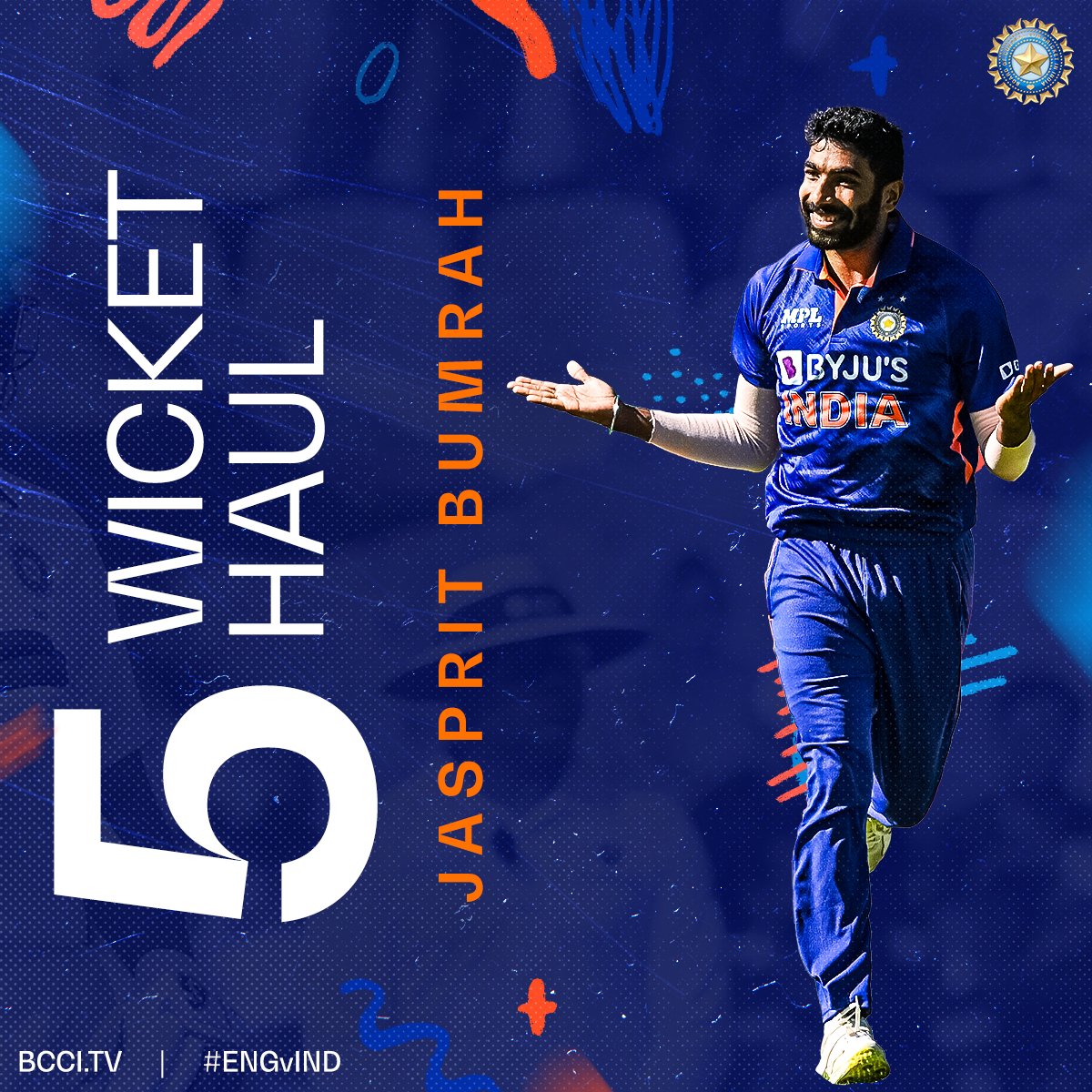 BCCI's tweet photo. BOOM BOOM 💥💥

Jasprit Bumrah has been at it from the word go and he registers his second 5-wicket haul in ODIs. 

Live - https://t.co/8E3nGmlfYJ #ENGvIND https://t.co/x9uKAuyFvS