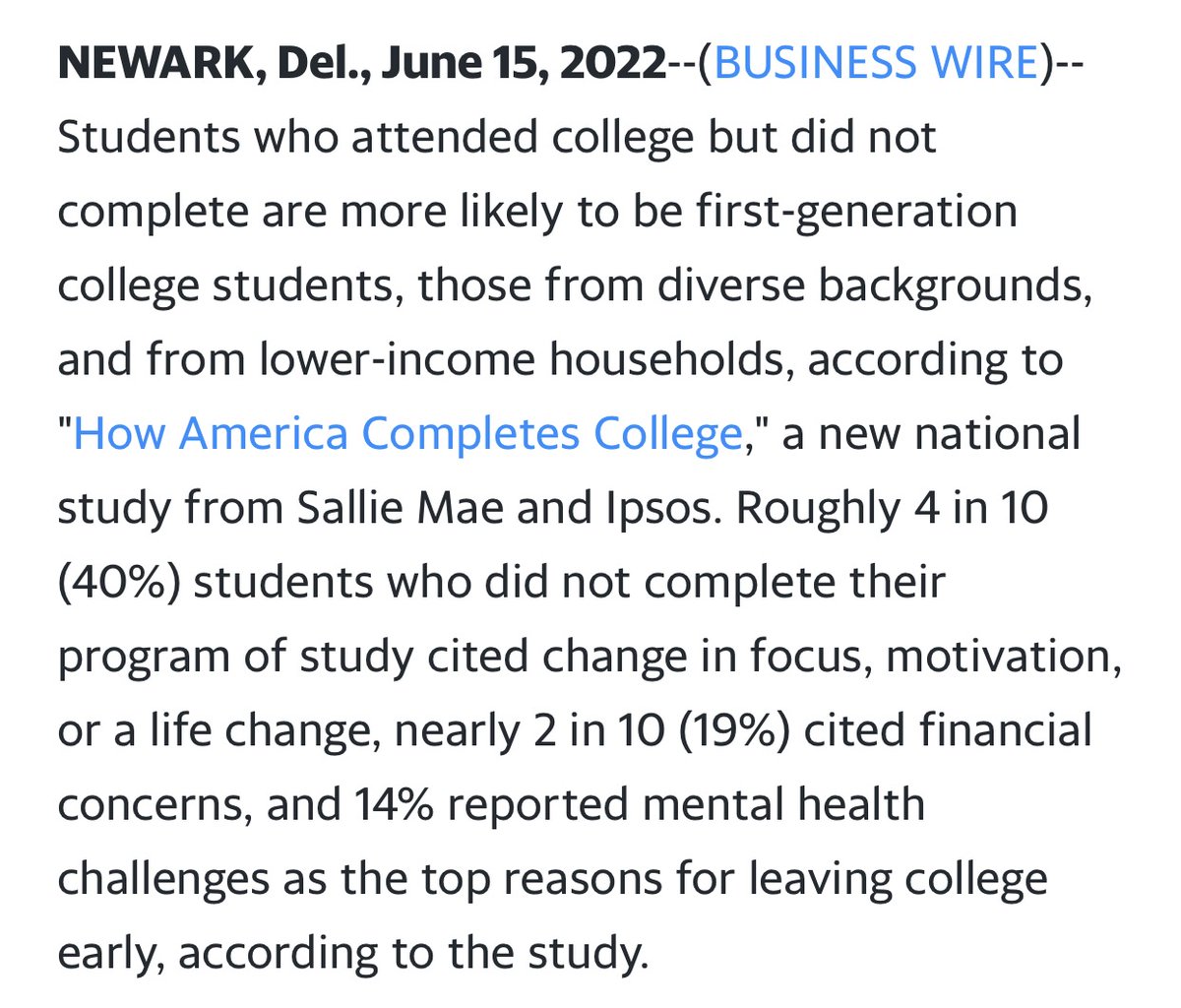 Study from <a href="/SallieMae/">SallieMae</a> and <a href="/Ipsos/">Ipsos</a> reveals that a #firstgenerationcollegestudent is less likely to complete college. Great article for those who want to increase persistence, retention, and success. tinyurl.com/bdey92f3 #boilerup #purdueuniversity #purduealumni #thenextgiantleap