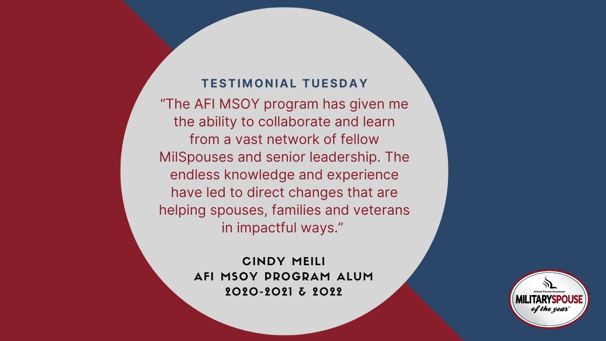 MilSpoOfTheYear's tweet photo. The AFI MSOY award recognizes military spouses’ important contributions and unwavering commitment to their community, but it’s so much more than an award! Take a look at what our AFI MSOY Alum, Cindy Meili, has to say. #AFIMSOYFamily #MSOY22 https://t.co/CQptC4SvT1