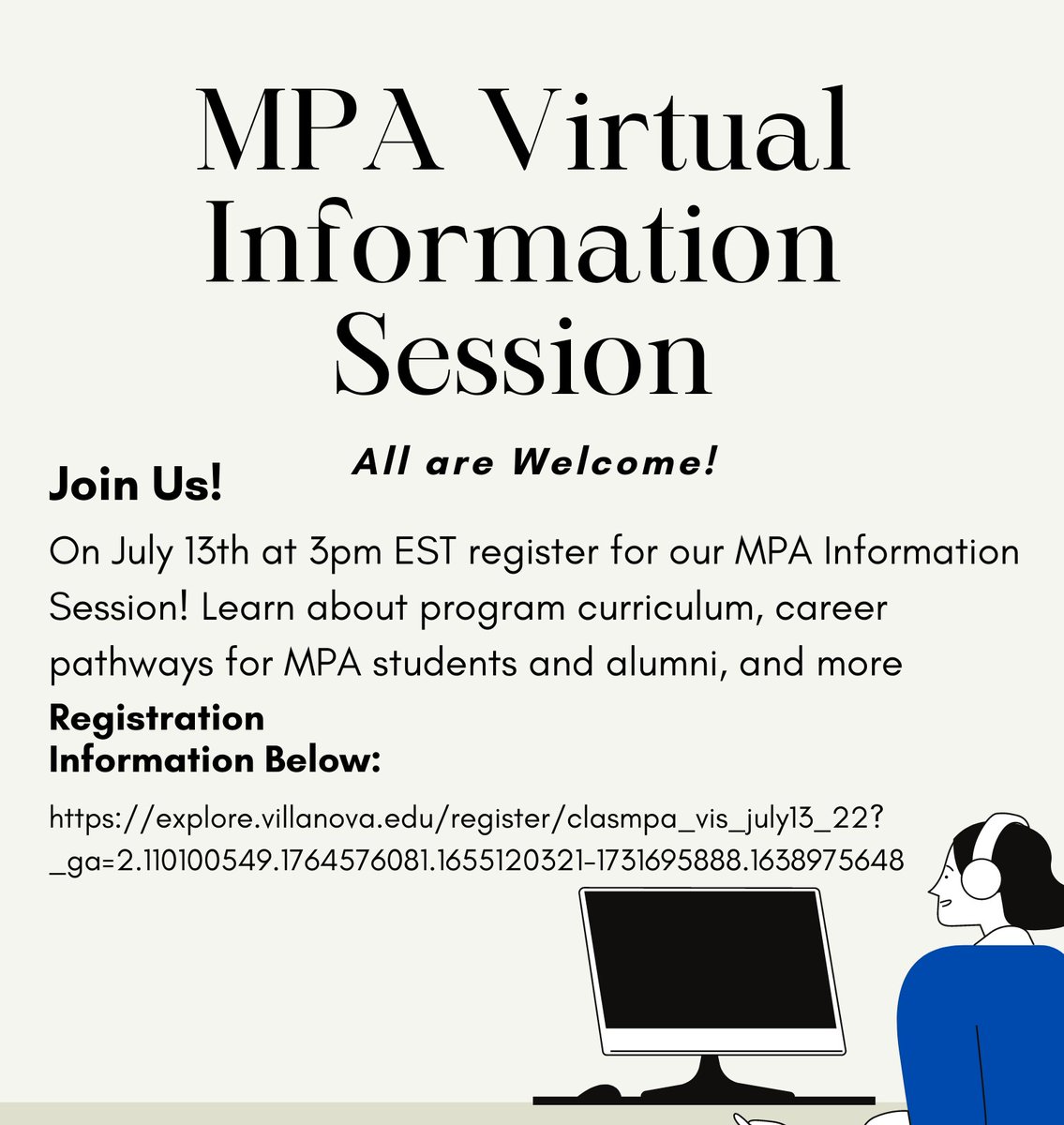 VU_PADepartment's tweet photo. REMINDER! Join us on July 13th at 3pm EST for our MPA Information Session! Learn about program curriculum, career pathways for MPA students and alumni, and more. Register now: https://t.co/dWmInMZ9i4 #MPAYourWay https://t.co/xoSmPosM4z