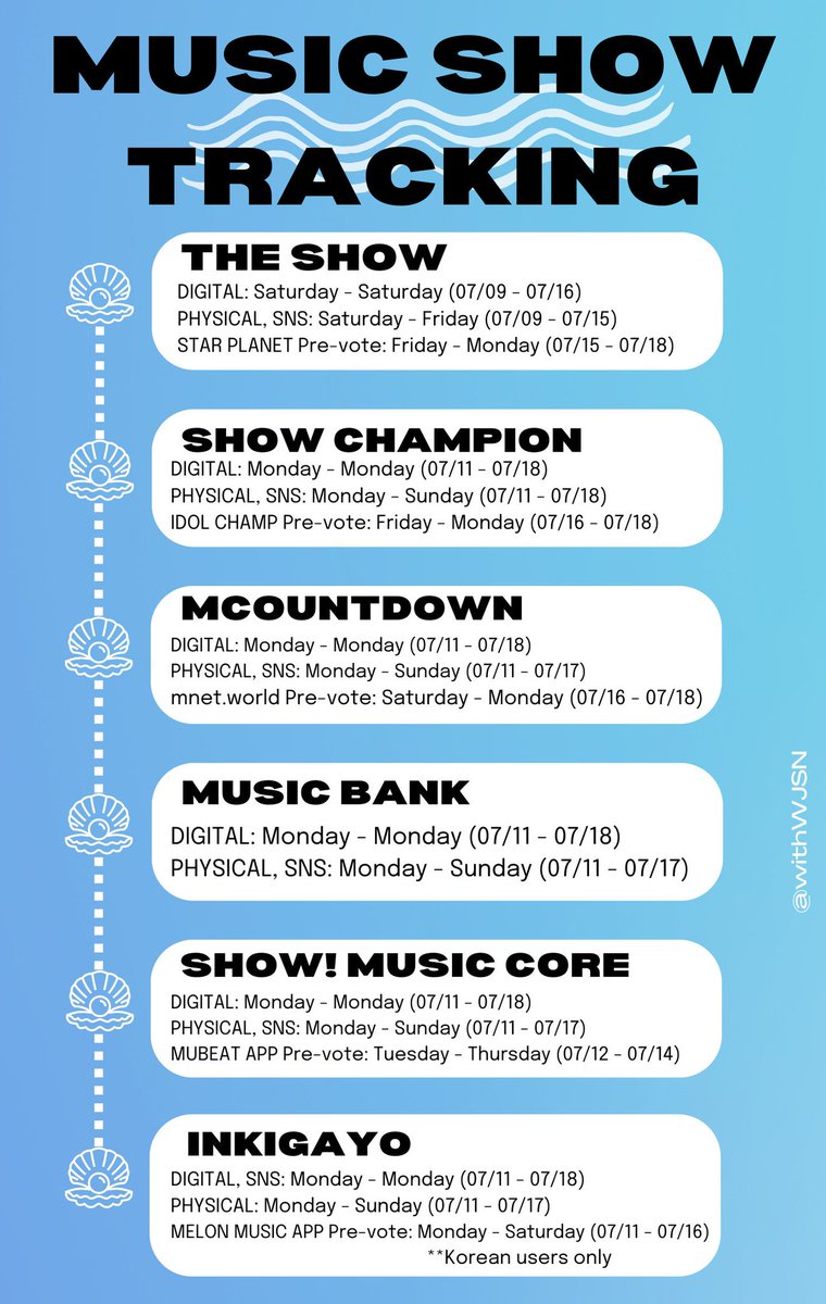 📢 ON-GOING MUSIC SHOWS TRACKING DATELINES

Please take note of these tracking dates and all of them are currently on-going. Check this thread on what should we do with the trackings and please spread this so that other #Ujungs will take note of it too.

#WJSN #우주소녀

⬇️
