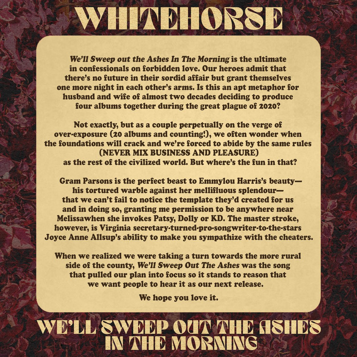 wearewhitehorse's tweet photo. "We'll Sweep Out The Ashes In The Morning," the newest single from Whitehorse, is out now on all streaming platforms. Listen now via https://t.co/oVIvRxR7dX. https://t.co/KMM8KHhU2E