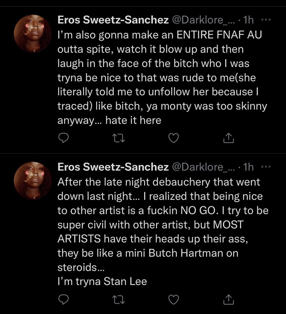 Hey y’all wanted to warn ya about someone.
She got caught tracing a lotta Monty art and looks to have also traced MLP, Sonic, and psychonauts(?) artwork.

She blocked everyone who confronted her and has been throwing a hissy fit over being called out.  
She’s also 28 or 30 smh
