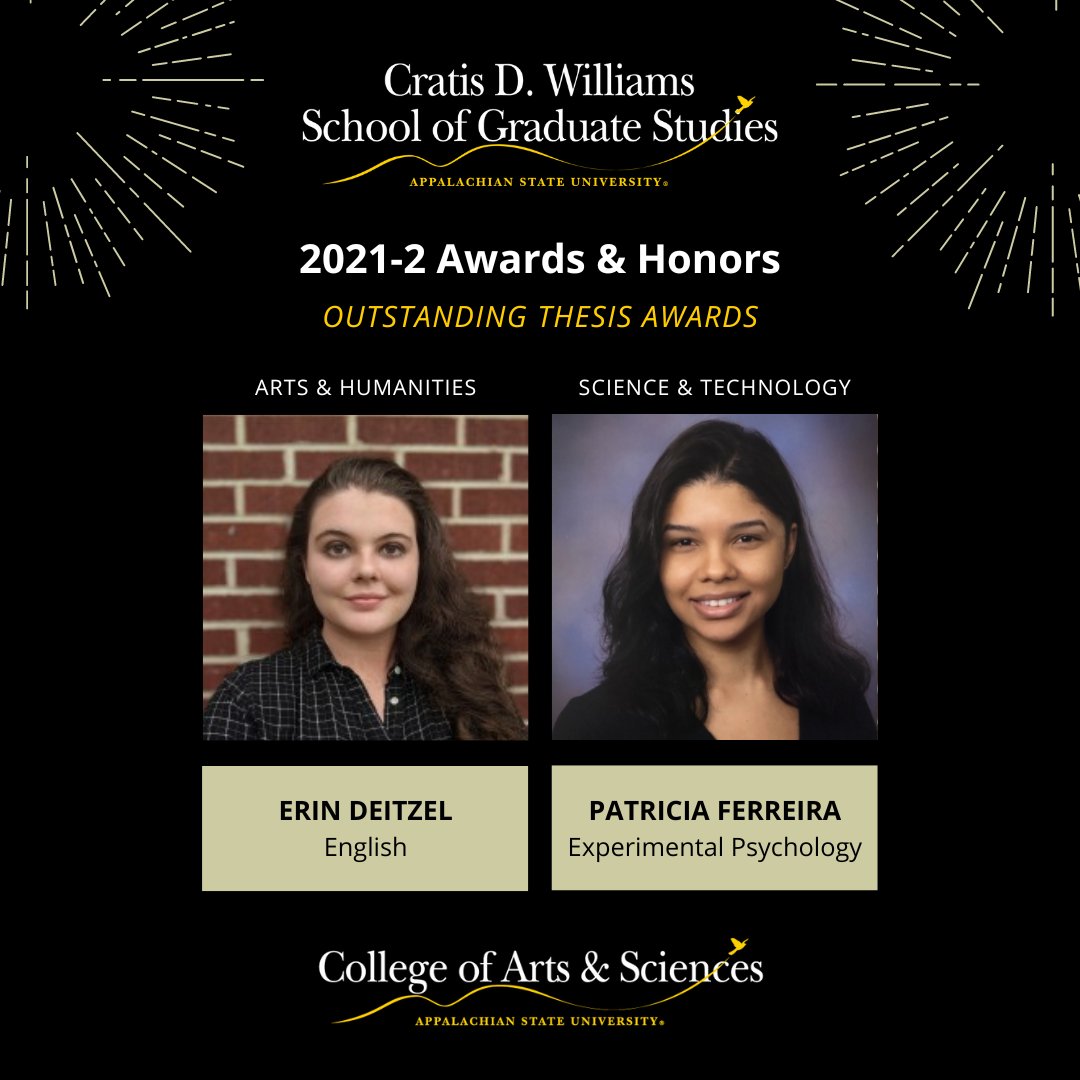 AppStateCAS's tweet photo. Congratulations to the recipients of the Cratis D. Williams School of Graduate Studies' 2021-2 Outstanding Thesis Award, Erin Deitzel (M.A. English) and Patricia Ferreira (M.A. Experimental Psychology)! #AppStateCAS #EnglishAppState #AppStatePsych https://t.co/pFgEnhFn7a