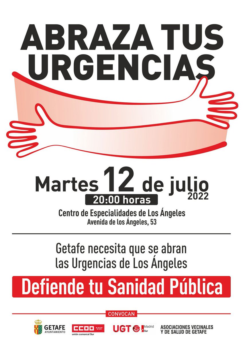 Esta tarde estamos de nuevo convocados para movilizarnos en el centro de especialidades Los Ángeles de #Getafe, exigiendo la #ReaperturaSUAP y la mejora de nuestra sanidad pública.

¡Nos vemos luego!