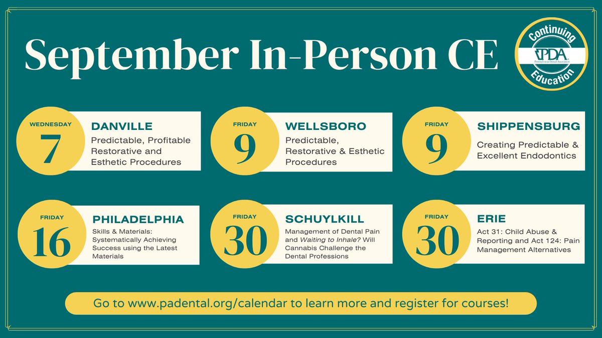 padentalassn's tweet image. PDA is hosting many in-person CE courses around the state in September. Registration is open so make sure to claim your spot!

Go to padental.org/calendar to learn more &amp;amp; register for courses or email Rebecca at rvn@padental.org with any questions.

#PDACE #Register