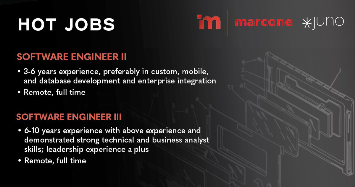 JunoSearch's tweet photo. We've partnered w/ @MarconeSupply in their search for software engineers II and III. These #hotjobs are great opps to join a growing company while working independently &amp; remotely. For more details reach out to: bgiannini@junotalentsolutions.com #HotJobs #Hiring #SoftwareEngineer https://t.co/RCvrJXvDRn
