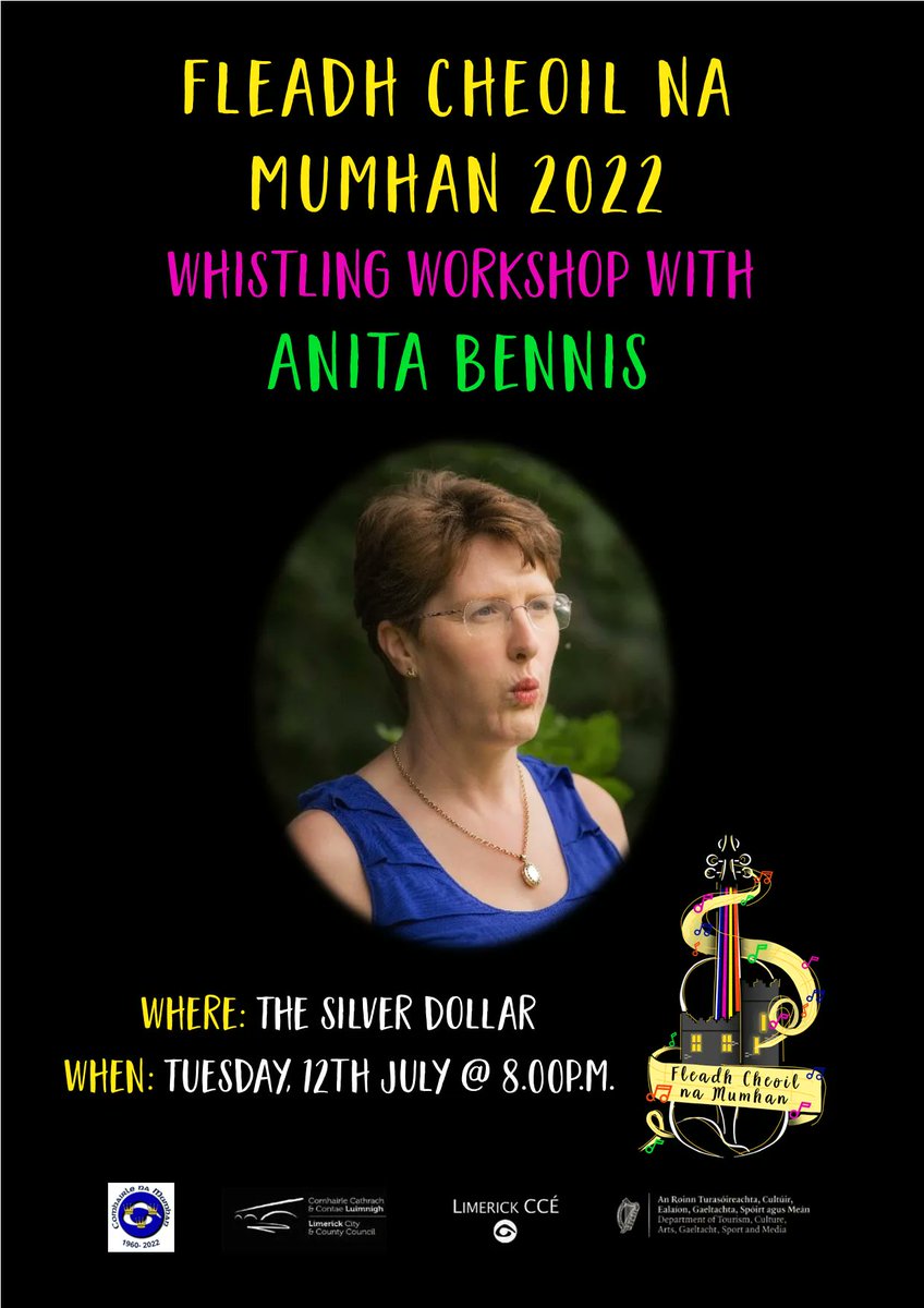 Join us for a unique whistling workshop this evening at 8.00p.m. in The Silver Dollar, Newcastle West (V42 FH52) with Anita Bennis.
Anita will teach you how to improve your tone, your breath control, and your range
#TheFleadhGoesWest