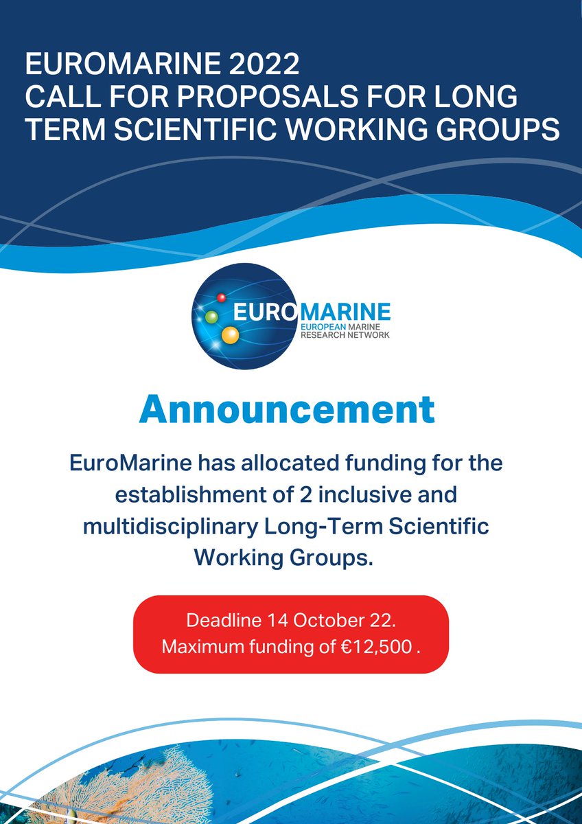 Euromarine_tw's tweet photo. 🔔Announcement 🔔

EuroMarine 2022 Call for Proposals for Long Term Scientific Working Groups 

📅Deadline 14 October 22
☑️Maximum funding €12,500

➡️Find the full Call here https://t.co/IPLDe60gAK

#EuroMarine #proposal #call #marineresearch #OceanDecade #MissionOcean #EU https://t.co/mhKjLM0WfS