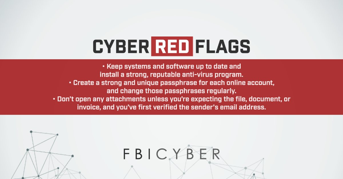 🚩 Everyday tasks—such as opening email attachments from unknown sources or shopping on illegitimate websites—could put you in #cyber danger. Visit go.usa.gov/xJSmW and read our tips below to learn how to protect your systems and data from cybercriminals. #CyberRedFlags