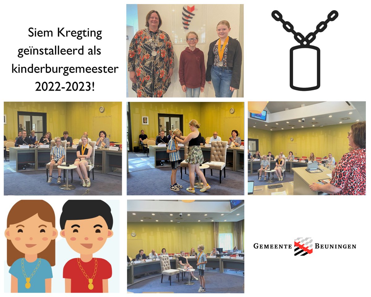 Vanmiddag nam Siem de ambstketen over van Quinty, onze eerste kinderburgemeester. Siem is nu officieel haar opvolger. Zijn speerpunt is aandacht vragen voor het tegengaan van pesten. Siems's eerste 'klus' is het verwelkomen van de vierdaagselopers tijdens de #dagvanBeuningen