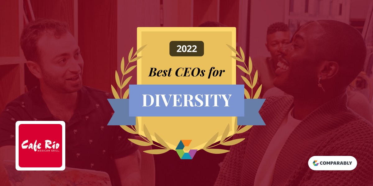 Comparably's tweet photo. @caferio Congrats on having Steve Vaughan named on Comparably's Top 100 list for Best CEOs for Diversity in 2022, as rated by your employees. You’re also featured in @BusinessInsider https://t.co/5qXnroAw7N https://t.co/MOfZx1lNru