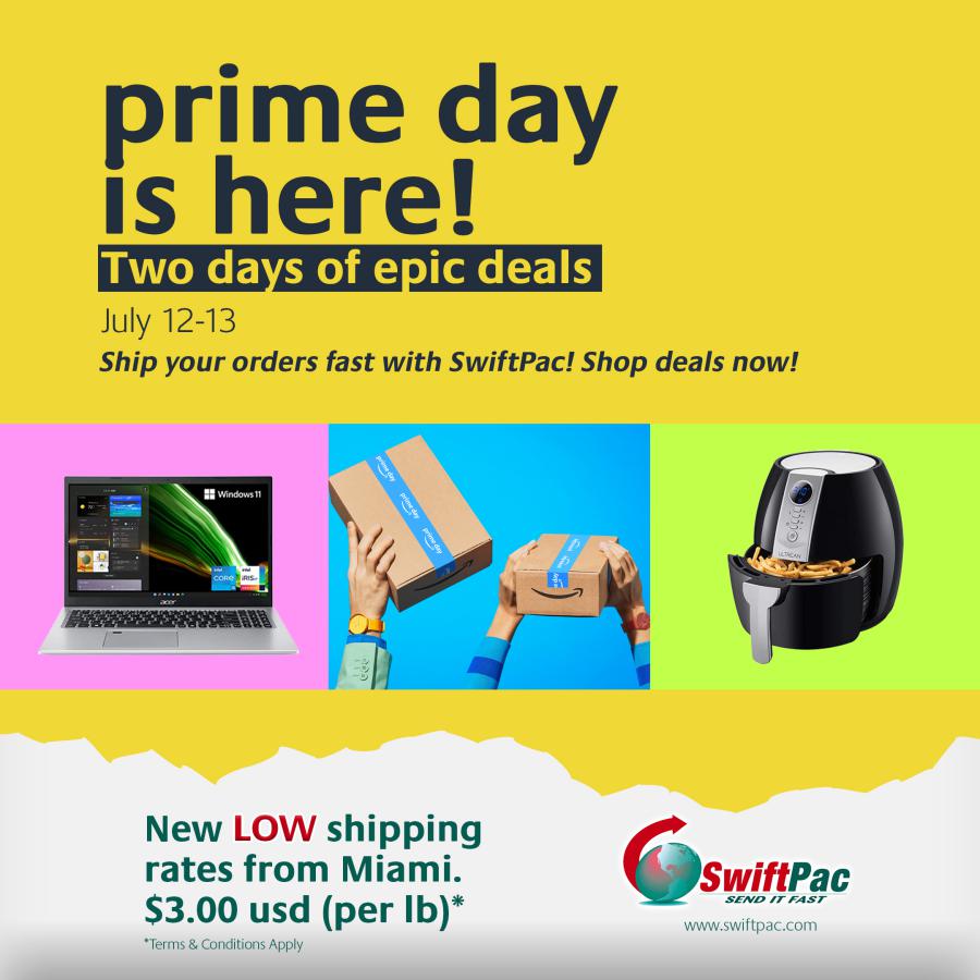 SwiftPac's tweet photo. It's Amazon Prime Day!!! 🎉

🛒Shop, Save &amp; Ship with #SwiftPac! ✈️📦

➡️➡️https://t.co/QHPSBRnYKd

#SenditFast #PrimeDay #SALE https://t.co/6rBtuKzYln