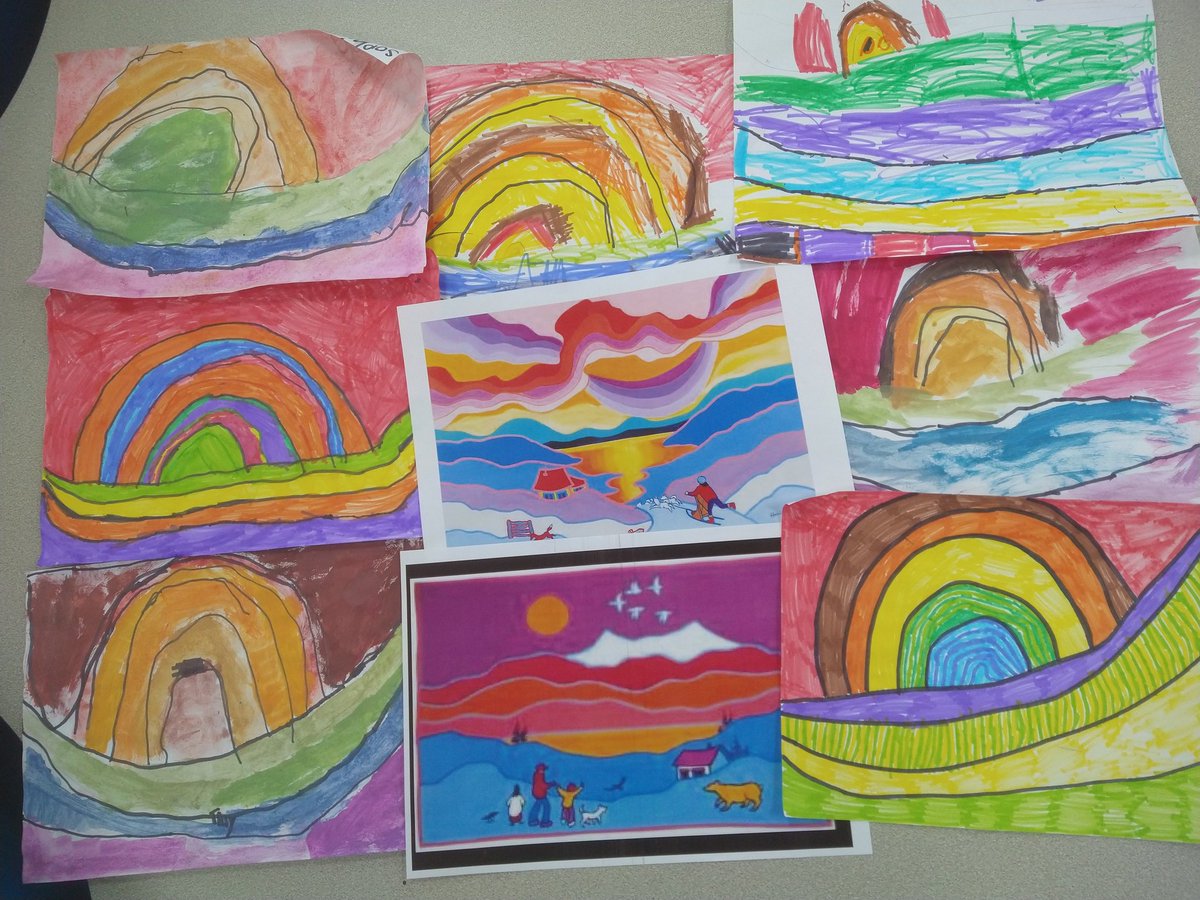 EPA_Year1's tweet photo. Our very artistic year ones have been painting and colouring in the style of Ted Harrison this afternoon. They have done a fantastic job! #epaart @ErminePrimary https://t.co/Tk9YDzNgNe