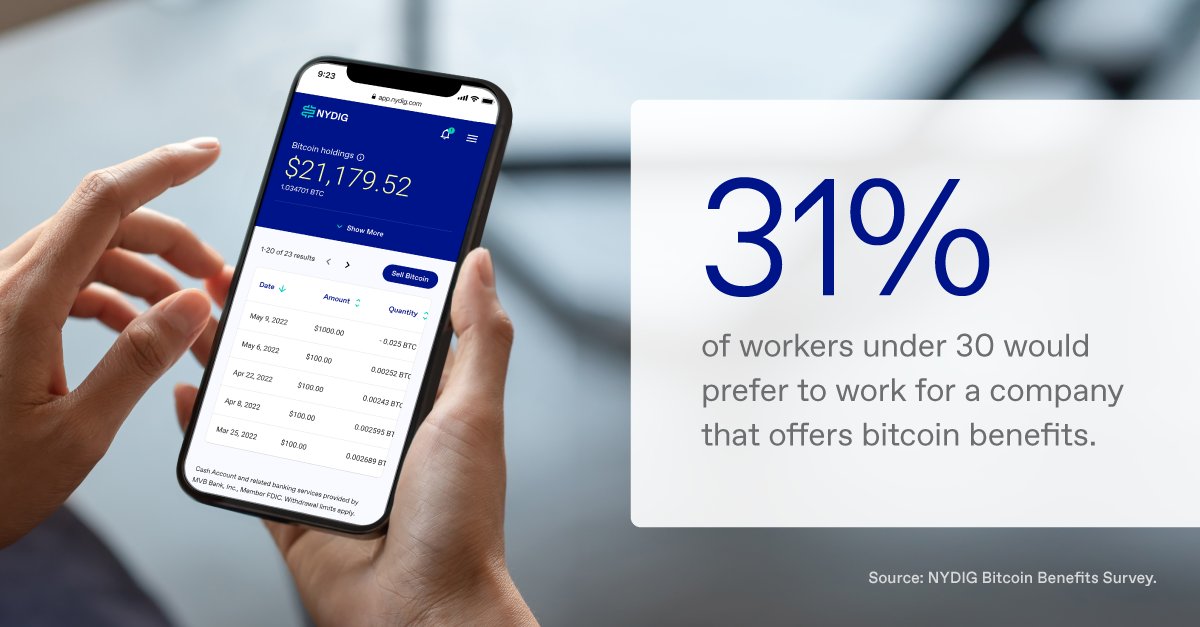 Our workforce study found that 31% of workers under 30 would prefer to work for a company that offers #Bitcoin benefits. Read the full #BitcoinBenefits study here  go.nydig.com/3c9xyux