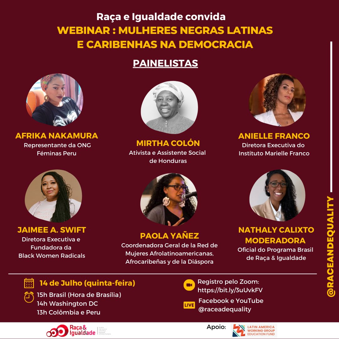 [PT] ✊🏾Conheça as painelistas:"Mulheres Negras Latinas e Caribenhas na Democracia"

👉🏾A violência política de gênero é um problema regional e, a partir do marcos do racismo e LGBTIfobia, vamos falar de plena democracia! Participe!

📲Inscreva-se: bit.ly/3uUvkFV

🗣️🇧🇷🇨🇴🇺🇸