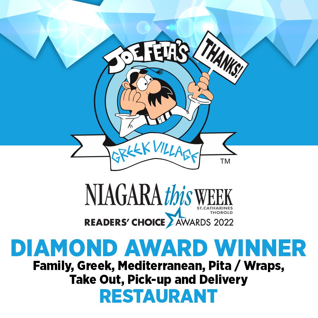 joefetas's tweet photo. We're humbled to have won SIX Diamond Awards from Niagara This Week in the Restaurant category for "Family", "Greek", "Mediterranean", "Pita / Wraps", "Take Out" and "Pick-up and Delivery". 

We are blessed with an incredible team that we work with every day. https://t.co/g1kFyfcNph
